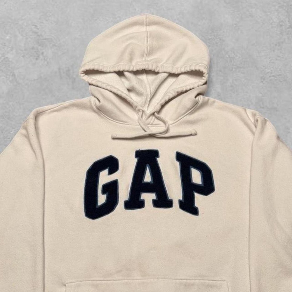 Vintage GAP Hoodie Cream Y2K Fuzz Embroidery Logo Sweatshirt Womens
